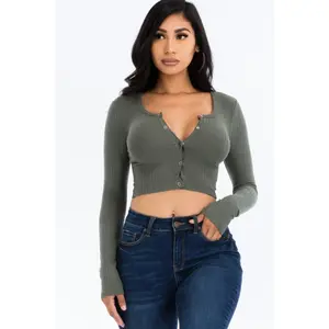 Women's Ribbed Knit Cropped Short Long Sleeve Snap Button Down Blouse - Comfortable Polyester-Light Spandex Fabric, Soft Stretchy Fit, Minimalist Chic Style, Ideal for Jeans Outfits, Basic Casual Knitwear Top