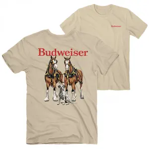 Budweiser Clydesdale Horses T-Shirt – Classic beige tee featuring iconic Budweiser logo, Clydesdale horses, and Dalmatian, perfect for beer lovers.