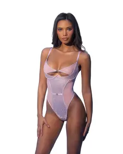 LI1059 Cosmic Shimmer Teddy Lurex Yarn Knit Metallic Shimmer Mesh Keyhole Demi Cup Underwire O-ring Hardware Hook & Eye Closure Single String Thong Back Cotton Gusset Bodysuit - Womenswear, Bodysuits