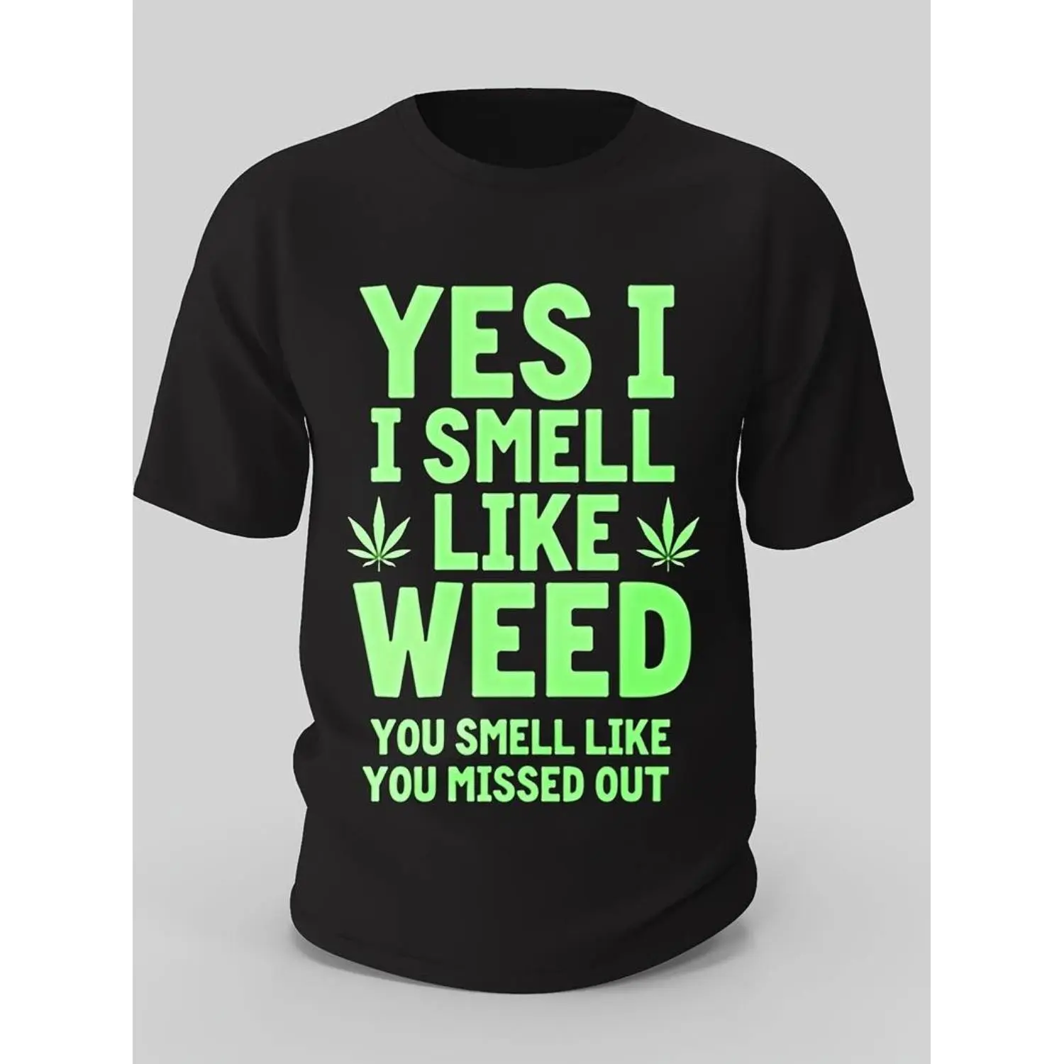 Men's Cotton Graphic T-Shirt - Menswear, Short Sleeve, Round Neck, Regular Fit, Black with Bold Neon Leaf Design, Breathable "Yes, I Smell Like Weed" Print, Casual Top for Summer Wear