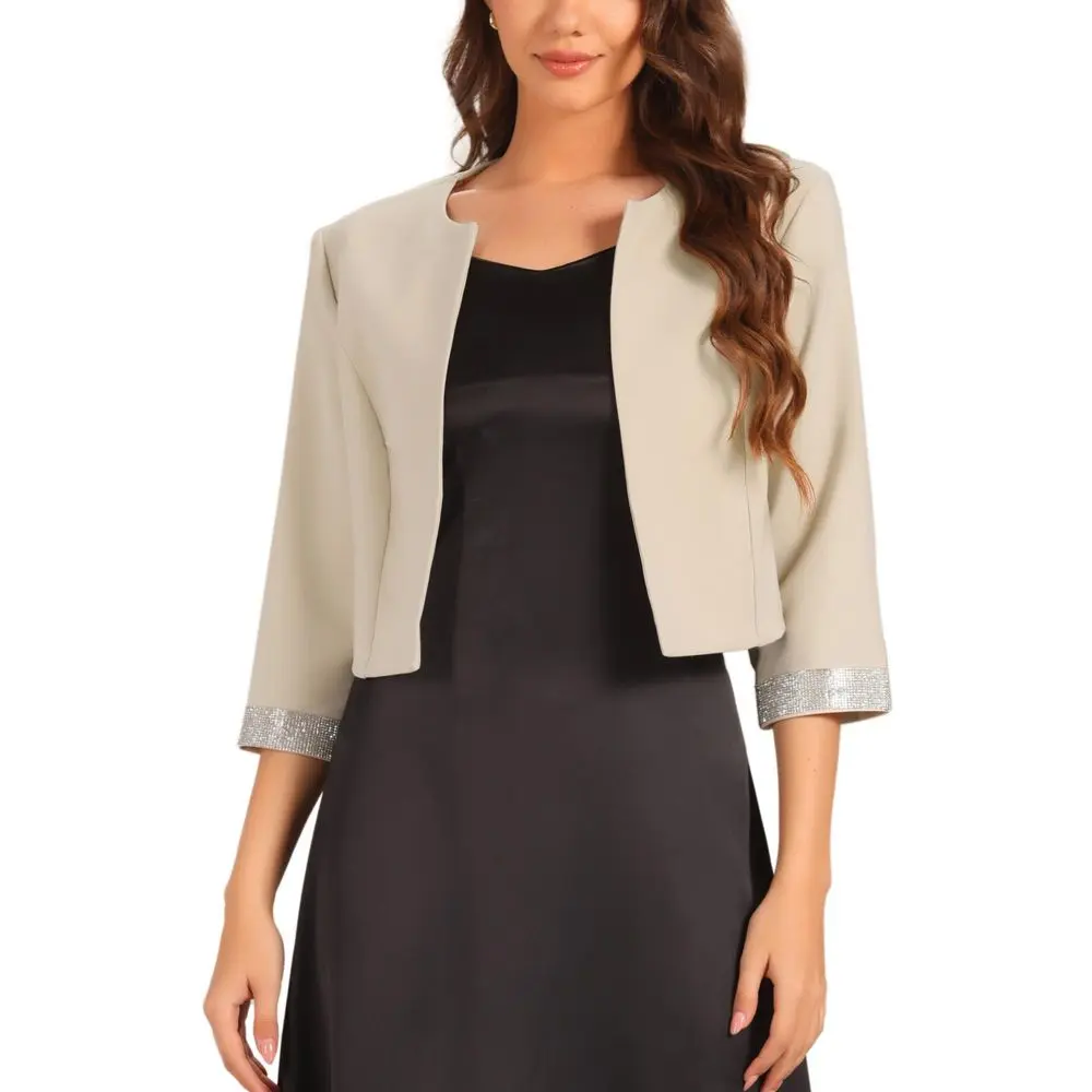 INSPIRE CHIC Women's Spandex Cropped Blazer, Formal Collarless Open Front Style with Rhinestone Trim for Office & Cocktail