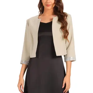 INSPIRE CHIC Women's Half Sleeve Open Front Collarless Cropped Blazer Beige X-Small