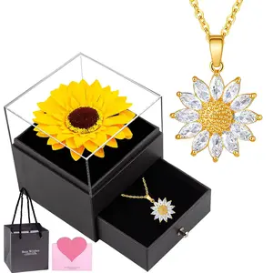 Mother's Day Gift Delicate Sparkly Sunflower Necklace with Cubic Zirconia Flower Pendant Elegant Jewelry for Mom with Gift Box