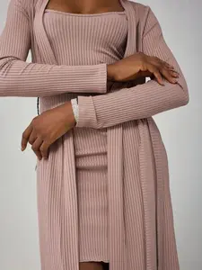 Women's Long Sleeve Knitted Cardigan Set with Shoulder Strap Dress, Casual Loose Home Wear, Everyday, Two-Piece Sweater Set