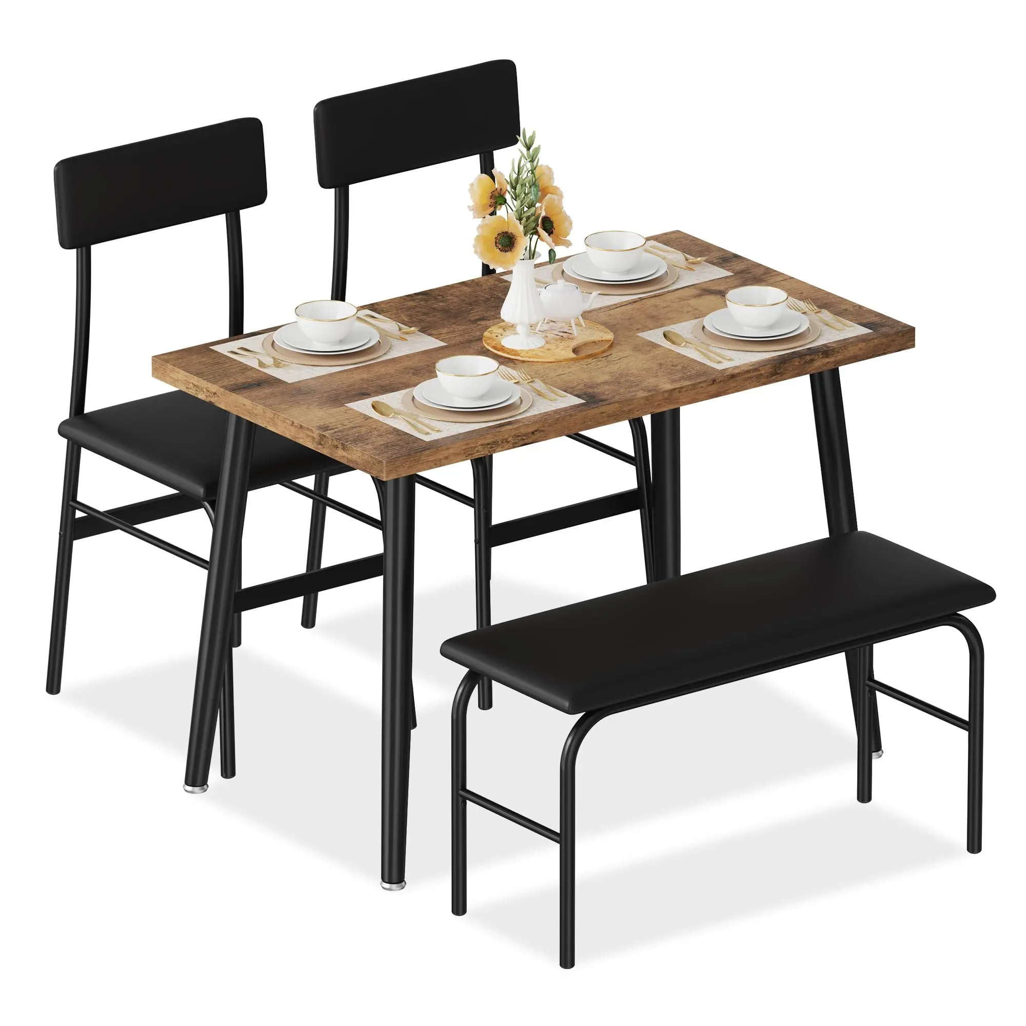 4-Piece Dining Table Set for 4, Kitchen Table with Upholstered Bench & 2 Chairs, Space-Saving Furniture for Small Spaces & Apartments