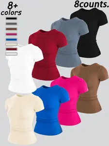 Women's Elastic Breathable Yoga Top, Slim Fit Round Neck Short Sleeve, Casual Sporty Fashion, Plain Pattern, No Zipper or Button
