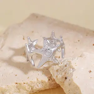 1pc Textured Starfish-Shaped Star Prong Stainless Steel Open Ring, Tarnish-Resistant, Perfect for Daily Wear & Parties, Unisex Fashion Costume Jewelry Gift, Star Prong Rings