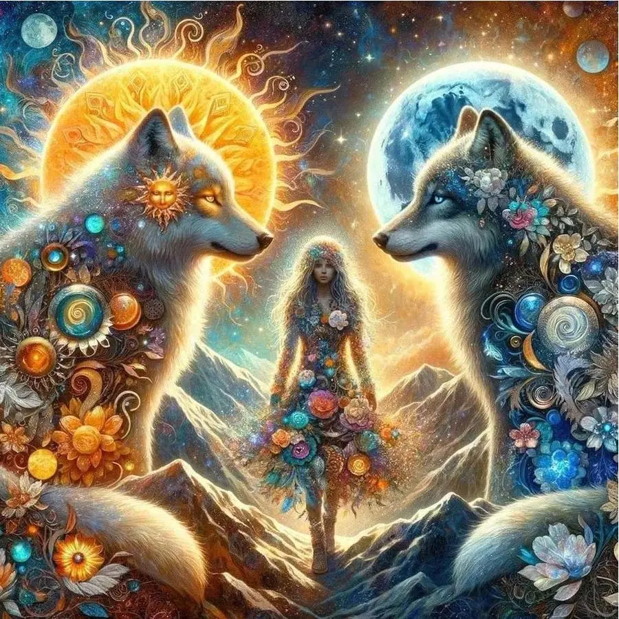 5D DIY Full Drill Round Diamond Painting - Diamond Art Kit Sun, Moon, Wolf Pack Mosaic, Canvas - DIY Wall Decor, Home Wall Art, Suitable for Halloween and Christmas, Birthday and Anniversary Gifts