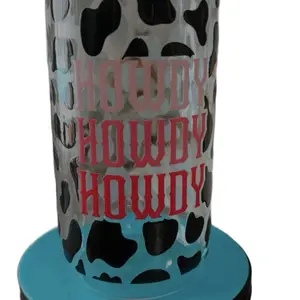 Howdy Cow Print Tumbler with Bold Red Text and Stylish Blue Base for Everyday Use