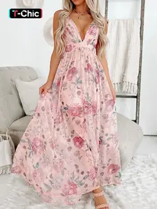 Elegant Feminine Floral Formal Ruched Backless Dress, Summer Women's Sleeveless High Waist Long Gown, Wedding Party Bridesmaid Dress, Wedding Guest Dress