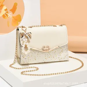 Fashion  Square Shoulder Bag with Metal Bow Ornament for Women  Chain Strap Crossbody Bag Elegant Glitter Purses,Classic Flip Bag