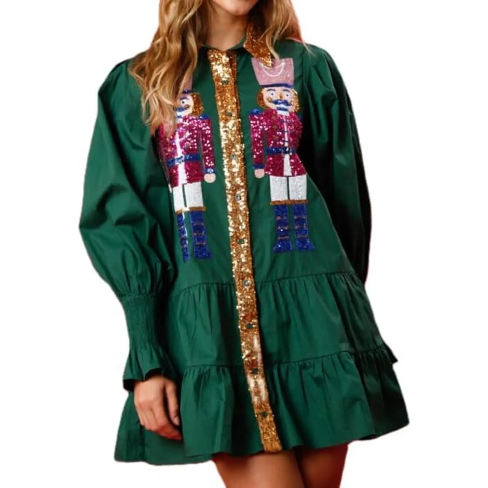 Womens Christmas Sequin Nutcracker Dress Long Sleeve Tiered Glitter Nutcracker Print Holiday Mini Shirt Dresses Casual Fit