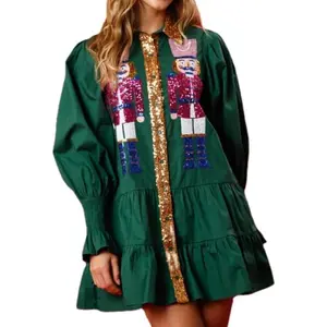 Womens Christmas Sequin Nutcracker Dress Long Sleeve Tiered Glitter Nutcracker Print Holiday Mini Shirt Dresses Casual Fit