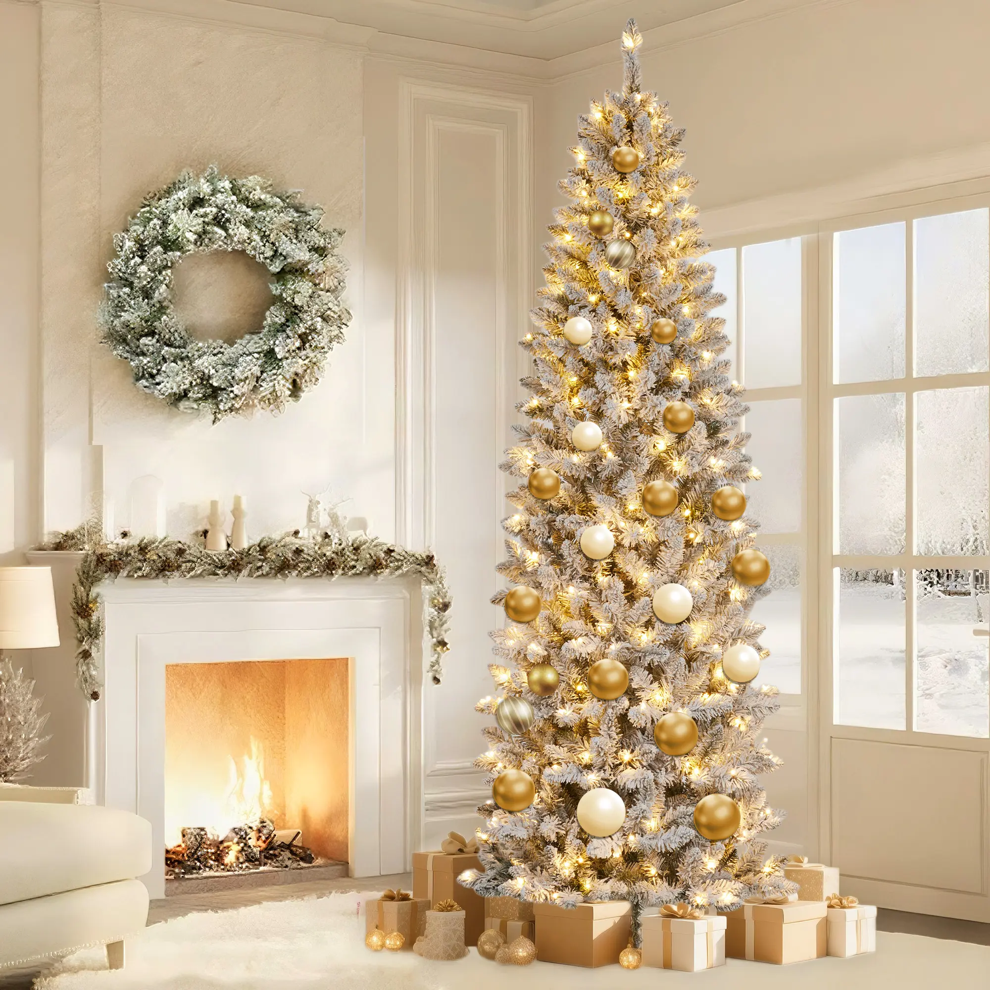 Garvee Space-Saving Snow-Flocked Pre-Lit Pencil Christmas Tree, Slim Artificial Xmas Tree with Warm White LED Lights, Snowy Branch Advice & Sturdy Metal Stand, Easy Assembly -