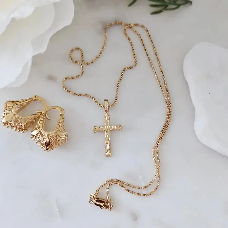 Small Gold Nugget Crucifix Necklace for Women