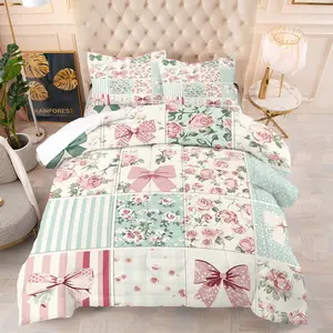 French Girly Style Print Comforter Set, 1 Comforter & 1-2 Coreless Pillowcases, Rose Floral, Polka Dot and Striped Plaid Patchwork Design, Soft and Warm, Fresh Sweet Style Bedroom Decor, Gift Idea