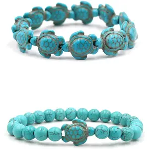 2 count Sea Turtles Beads Bracelet Elastic  Stone Stretch Bracelet Turquoise Turtle Bracelets Friendship Gifts for Women Men Girls