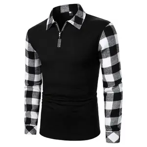 Men's Patchwork Plaid Print Half Zip Up Polo Shirt, Regular Fit Casual Long Sleeve  Top for Fall & Winter, Men's Clothes for Daily Wear