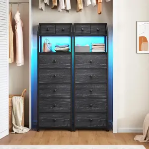 [Smart LED Dresser-1 Pc]-Homkdom 51.2" H Vertical Dresser with LED Lights for Bedroom, 7 Fabric Drawers Tall Storage Tower with Open Wood Shelf & Metal Frame, Space Saving Nightstand & Bedside Table for Dorm, Entryway, Closet, Small Apartment