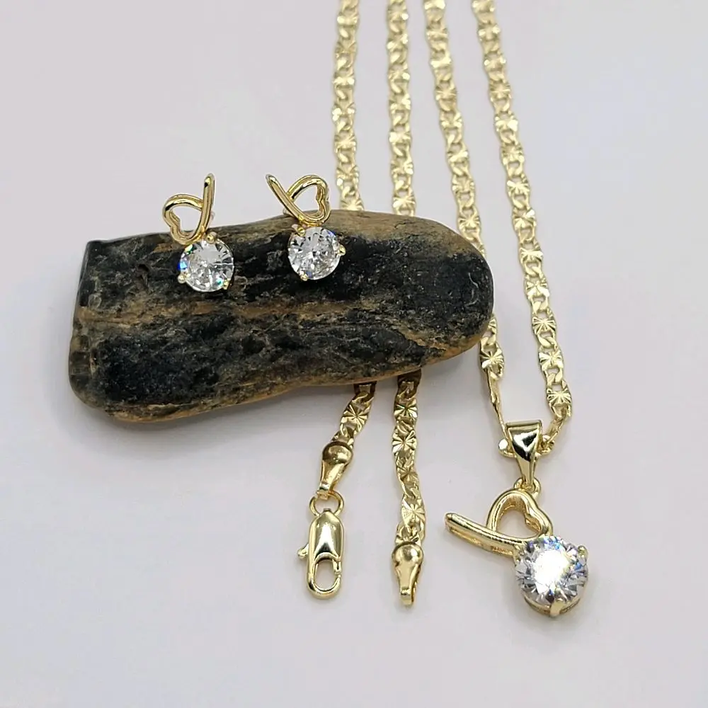 Elegant Set Earring and Pendant with Clear Stones Laminated Gold Chain 18 Inches 3mm wide Stud Earrings