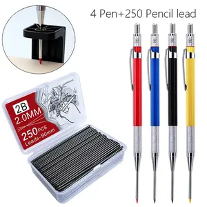 2.0mm Woodworking Long Mouth Auto Pencil Set, Mechanical Pencils Set, Art Drafting Pencils, Mechanical Drawing Pencils, 4 Engineering Marking Pens with 250 Replacement Cores, 28mm Core Tube, Precise Marking for Carpenters, Construction Workers