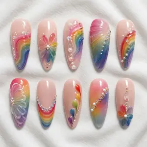 Pride Month Press On Nails Rainbow Pride Nails Colorful Gemstone And Pearl
