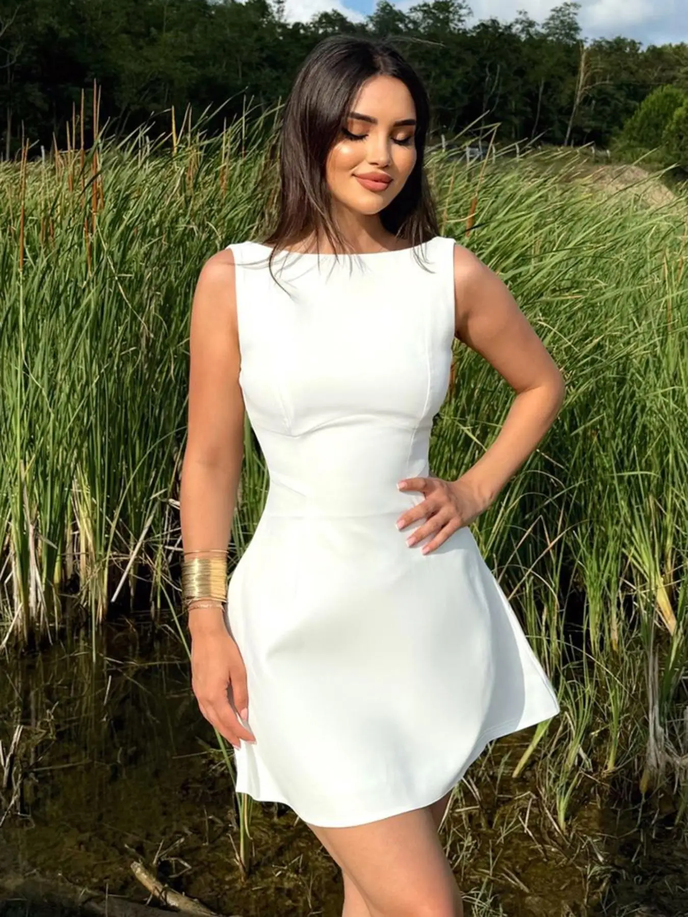 Women's Solid Backless Boat Neck Tank A-line Dress, Street Fashion Casual Sleeveless Short Dress for Daily Outdoor Wear, Ladies Dress for Summer, Teac