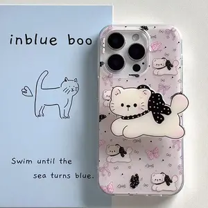 Crystal transparent white light wave point bow cat phone case with cat holder for iPhone 11 12 13 14 15 16 promax