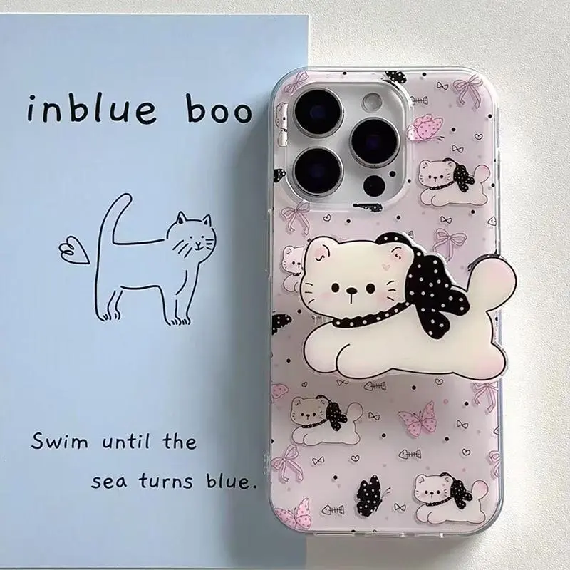 Crystal transparent white light wave point bow cat cellphone cover with cat holder for iPhone 11 12 13 14 15 16 promax Accessories