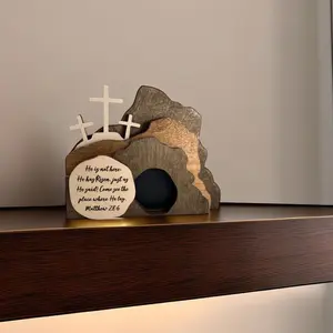 Empty Tomb Easter Scene Cross Decoration, He Is Risen Decor, Jesus Grave Set, Wooden Easter Jesus Sign Layered Tray Home Desk Office