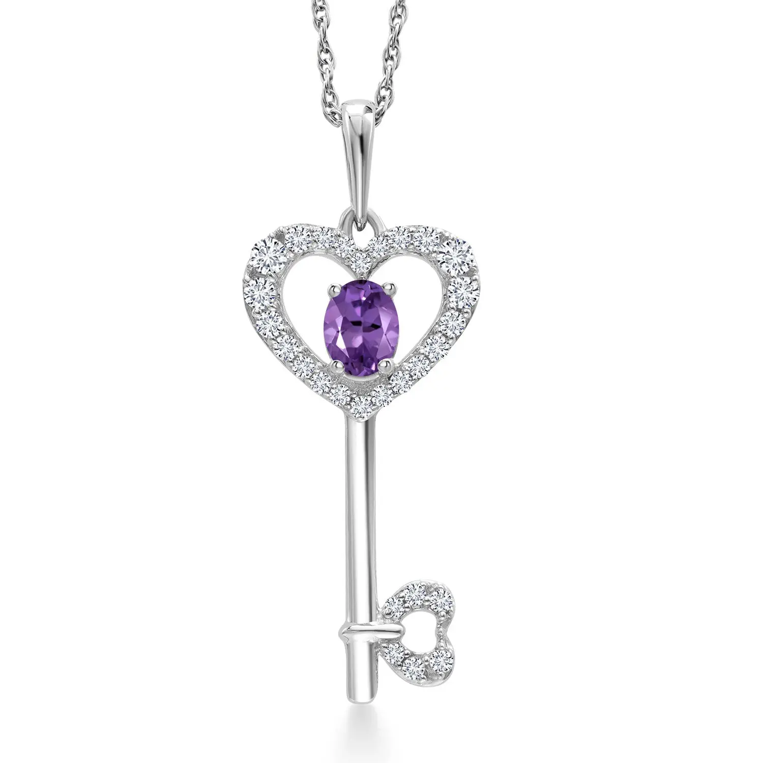 Heart Shape Key Pendant Necklace For Women | 10K White Gold | 4X3MM Oval Gemstone Birthstone and White Lab Grown Diamond | With 18 Inch Chain