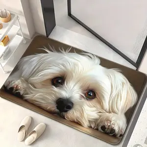 1 Cute Maltese Dog Doormat - Non-Slip Absorbent Machine Washable Polyester Mat with Adorable White Puppy Design, Suitable for Bathroom, Bedroom, Living Room, Front Door & Outdoor Use | Pet Friendly Home Decor