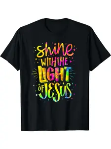 Men'S Neon Glow-In-The-Dark Christian T Shirt 180G 100% Shine with The Light of Bible Verse Cross Design Black with Neon Colors Comfortable Round Neck Church Wear Faith-Based Gift for Men Medium-Stretch Fabric Regular Fit Casual Spiritual Appa
