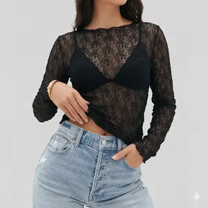 Fabulady Women's Lasce Mesh Long Sleeve Tops Crew Neck Sexy Undershirts  See Through Blouse Party Club Night Streetwear Fashion Casual Womenswear
