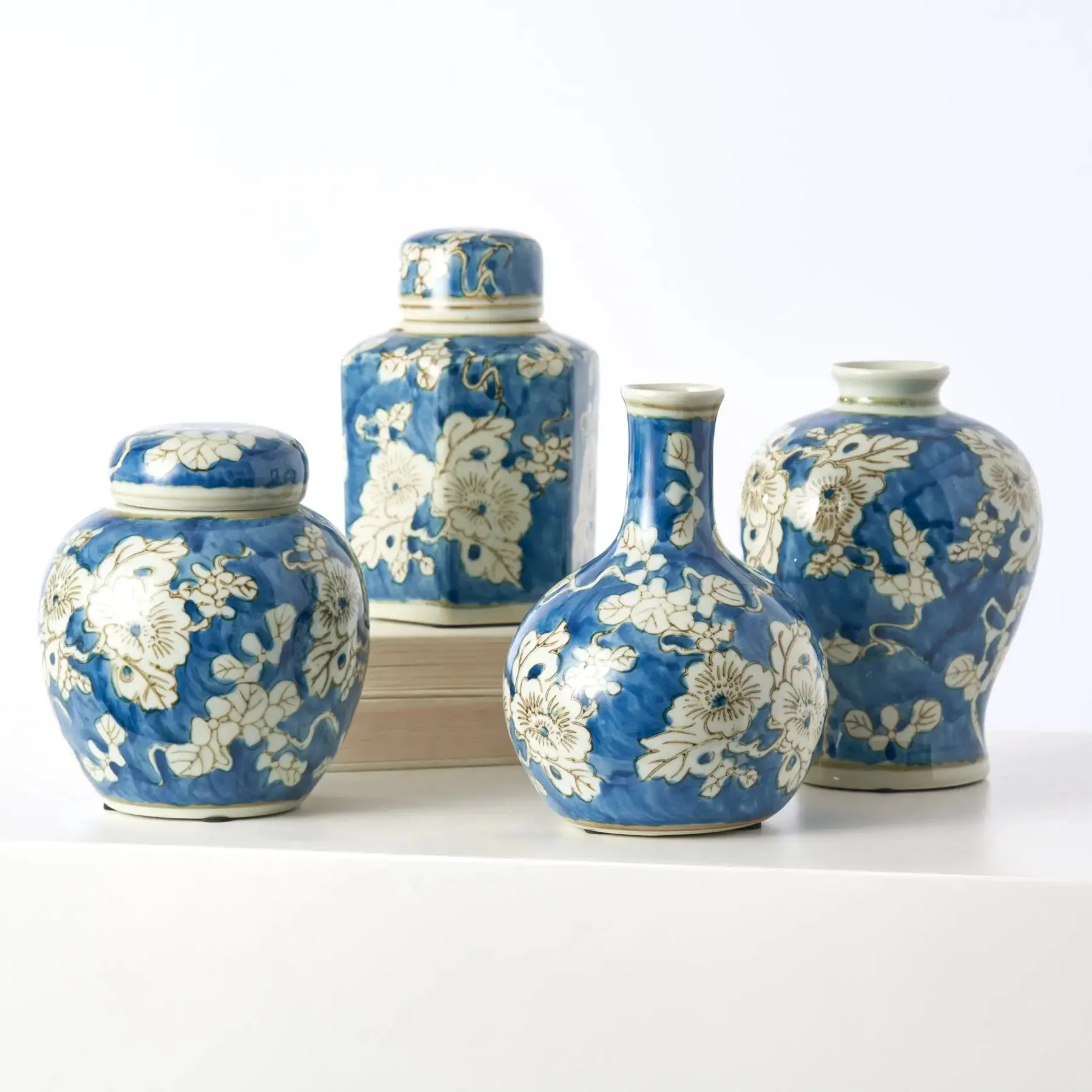 4-Piece Hand Painted Blue & White Floral Chinoiserie Ceramic Porcelain Ginger Jar Vase Set, Home Decor for Flower Display in Living Room