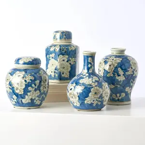 Hand Painted Blue & White Floral Chinoiserie Ceramic Ginger Jar Vase Set of 4