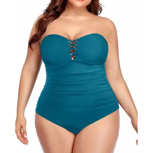 Yonique Plus Size Strapless One Piece Swimsuit for Women Tummy Control Bathing Suit Bandeau Swimwear Plus Size Swimsuits Full Coverage