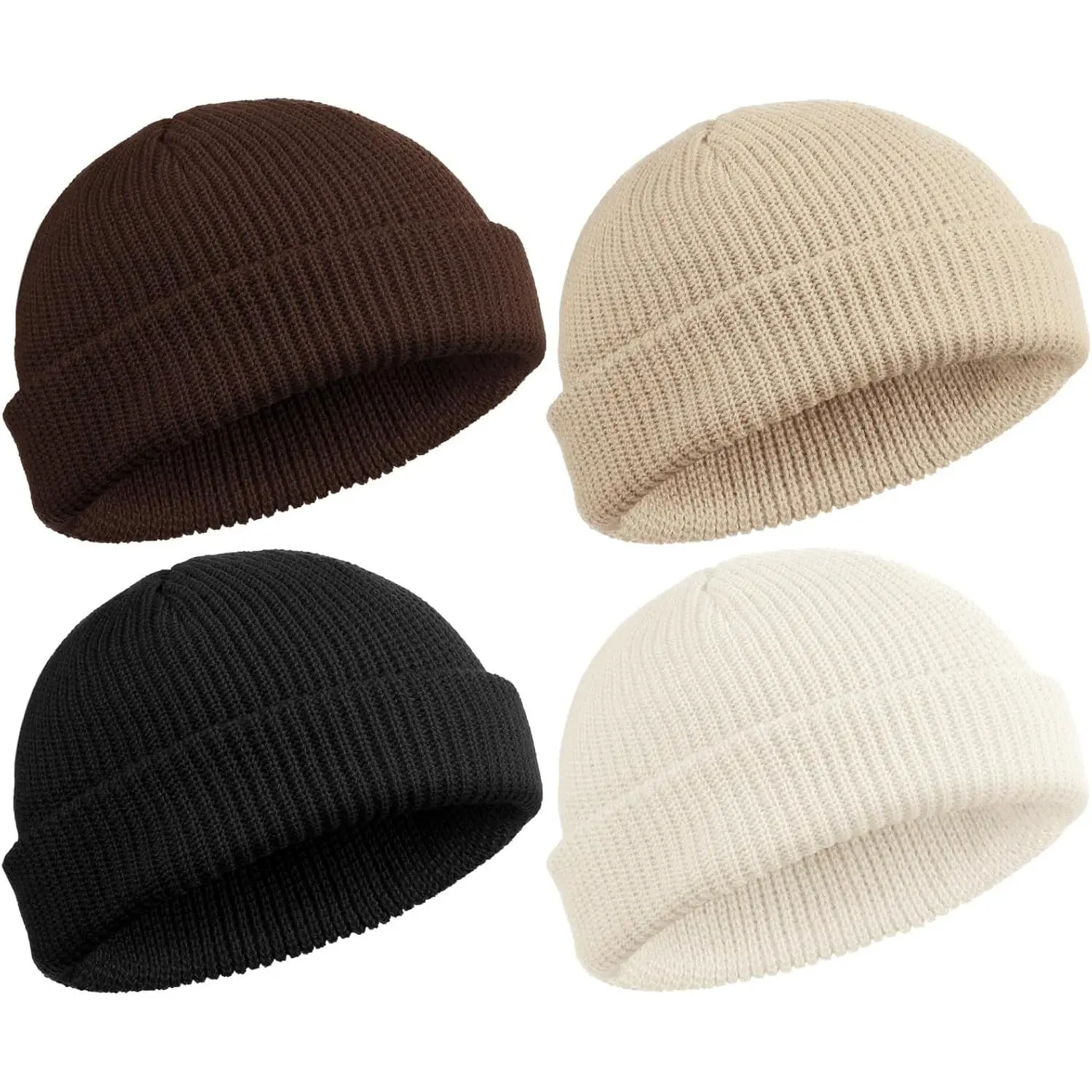 4 Pieces Premium Quality Trawler Beanie Watch Hat with Roll up Edge Skullcap Style Fisherman Beanie - Unisex Fashion Accessory, 1 Cm Thickness, 16.5 Cm Height