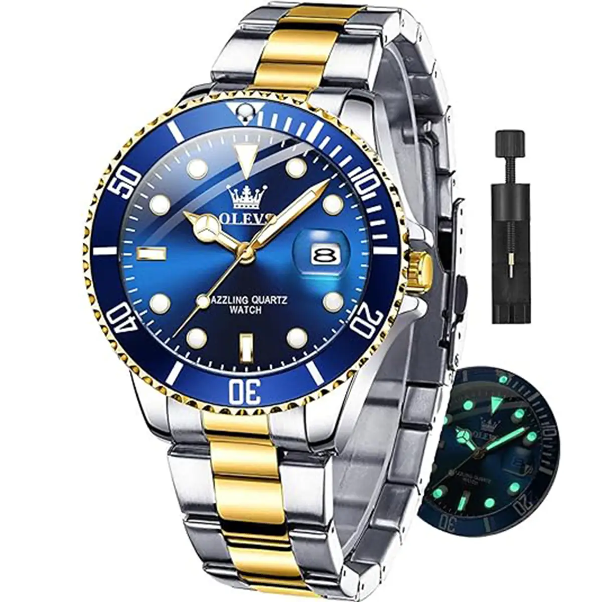 【dealsforyoudays】OLEVS Men's Luxury Dress Watch Blue Dial 40mm Stainless Steel Band Rotating Quartz Analog Waterproof Luminous Big Face Boss Wrist Wat