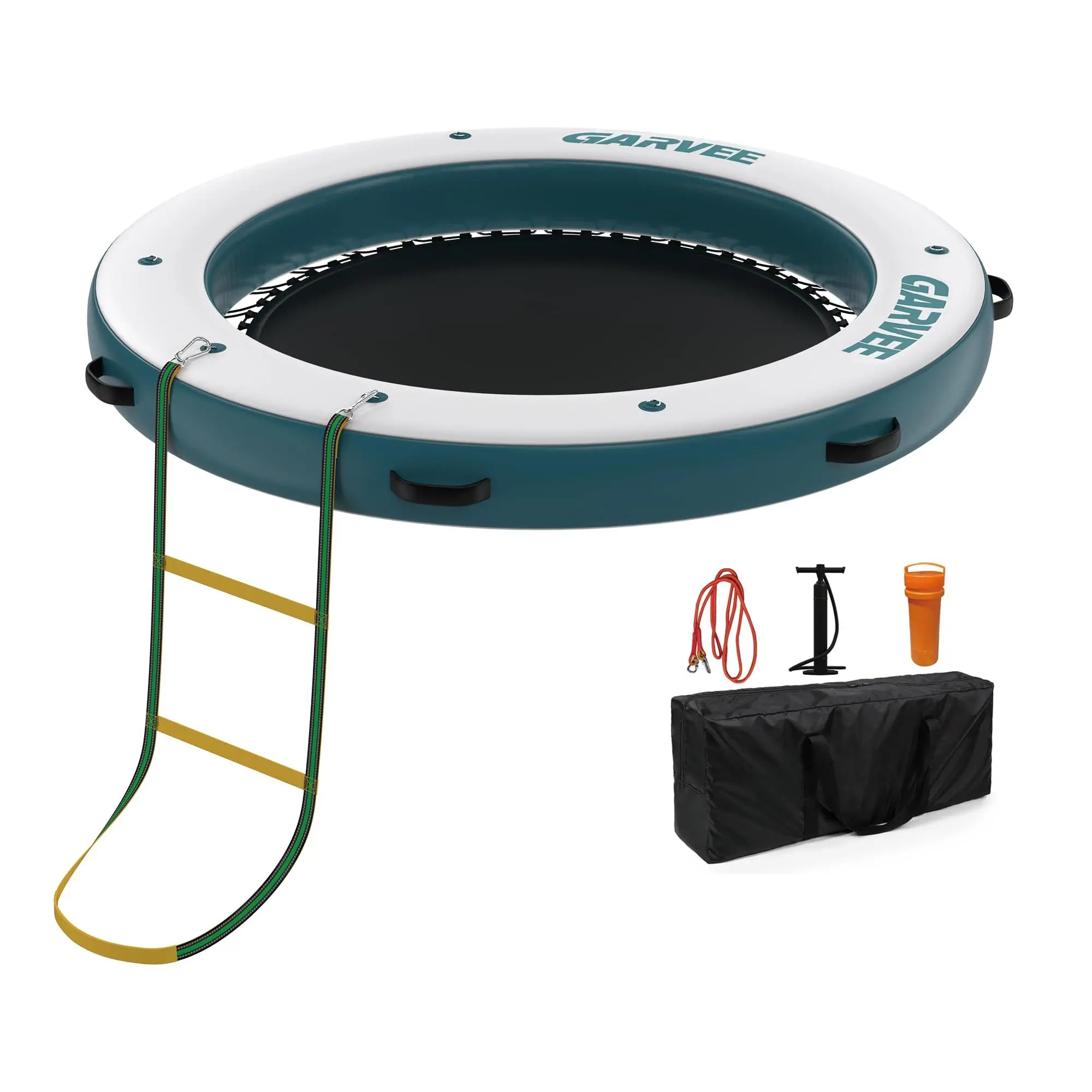 Round 8x8FT Inflatable Floating Dock, Floating Dock Water Platform with Mesh Swim Area,Non-Slip EVA Platform and Rope Ladder,Boats,Pool,Beach,Ocean