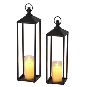 Garvee Black Lanterns 19 Inches + 22 Inches, Decorative Metal Lanterns for Outdoor and Indoor Use with Flameless LED Candles, Modern Use for Halloween and Christmas, Patio Floor Decoration
