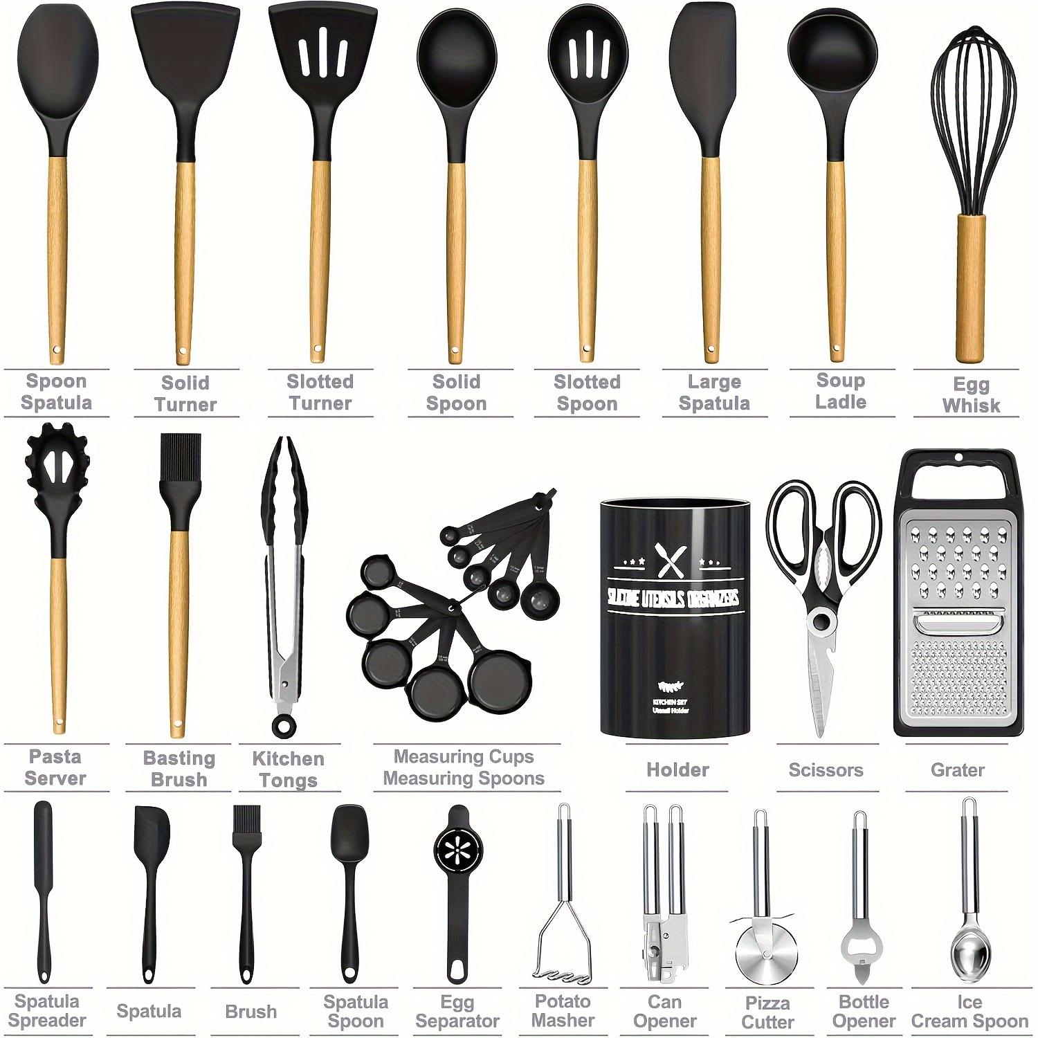 34PCS Silicone Kitchen Utensils Set – Heat Resistant Cooking Tools with Wooden Handles & Holder, Nonstick Safe Set for Nonstick Cookware, Black Wooden Handles Kitchen Gadgets Tools Set Father Gift