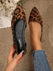 Women's Leopard Print Pointed Toe Flats, Fashion Striped Design, Comfortable Casual Daily Wear Shoes, Fall Season Footwear