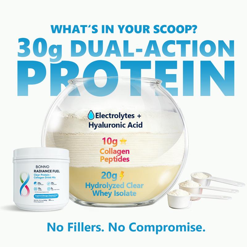 Bonno | Women's Protein Powder with 20g Clear Whey & 10g Collagen for Fitness & Radiance, colageno para mujeres Delicious Tropical Fruit Blend, 20 Servings Powder Zero Sugar