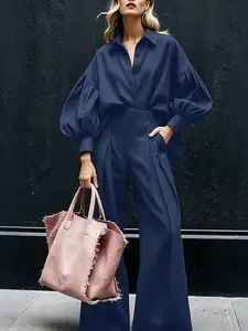 ZANZEA Women's Casual Set, Blouse with Lantern Sleeves, Solid Color Pleated Top, Long Pants with Pockets, Ideal for Daily Wear