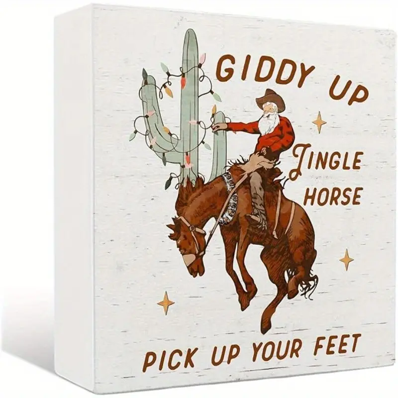 Western Christmas Wooden Signs - Vintage Santa Cowboy Christmas Wooden Box Sign, Western Christmas Desk Signs, Western Christmas Decor, 5 X 5 Inches