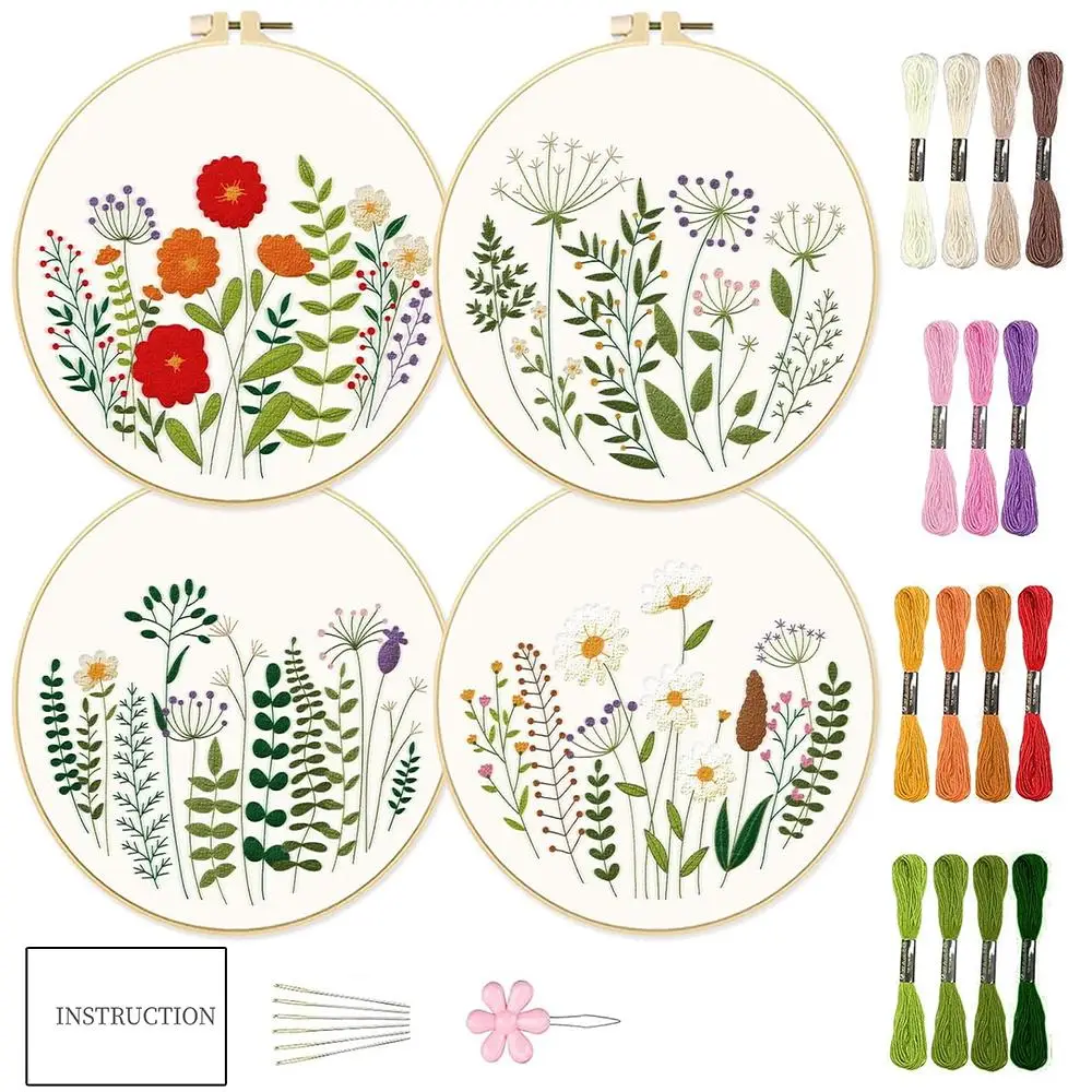 Floral & Plant Pattern DIY Cross Stitch Kit, Embroidery Kit for Beginners, Cloth, Hoop, Thread & Needle, Handmade Gift Materials, Summer Essentials
