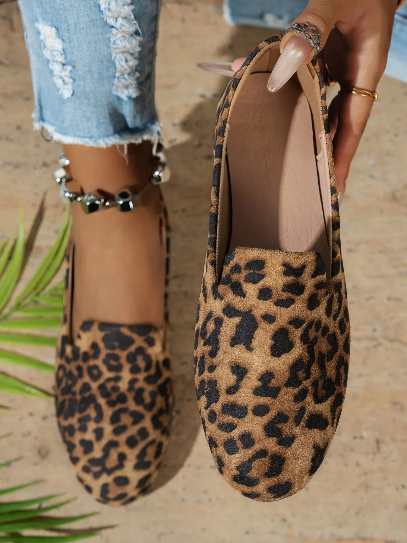 Women's Leopard Print Round Toe Slip On Summer Flats Slip Ins Shoes, Casual Comfortable Soft Lazy Shoes, Versatile Commute Work Life Two-Wear Style, Fabric Material Design