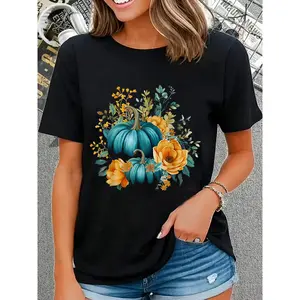 100% Cotton Teal Autumn Pumpkin Floral Fall Harvest Foliage T-Shirt