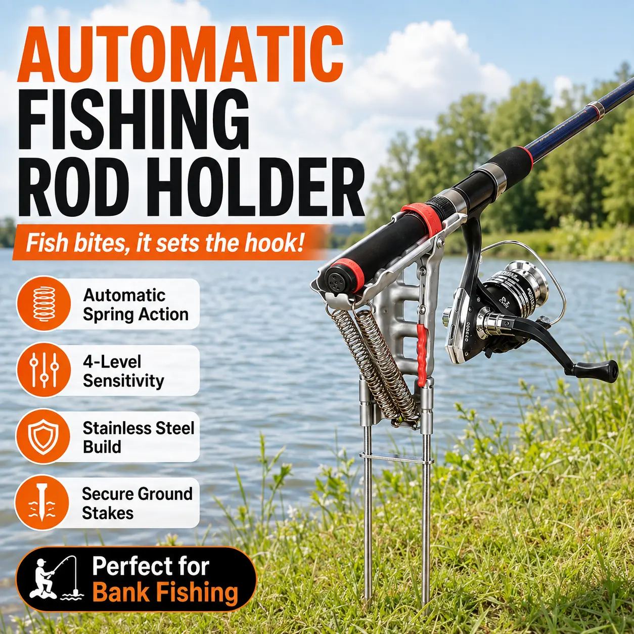 1PK Auto Fishing Rod Holder, Automatic Spring Hook Setter, 4-Level High Sensitivity Stainless Steel Ground Pole Stand for Bank Fishing, Hands-Free Fishing Gear, Gift for Dad Husband Boyfriend